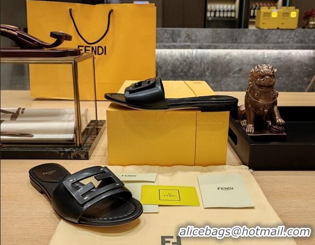 Best Product Fendi Baguette Flat Slide Sandals in Lambskin Black 326078