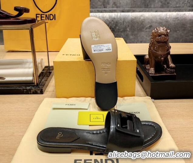 Best Product Fendi Baguette Flat Slide Sandals in Lambskin Black 326078