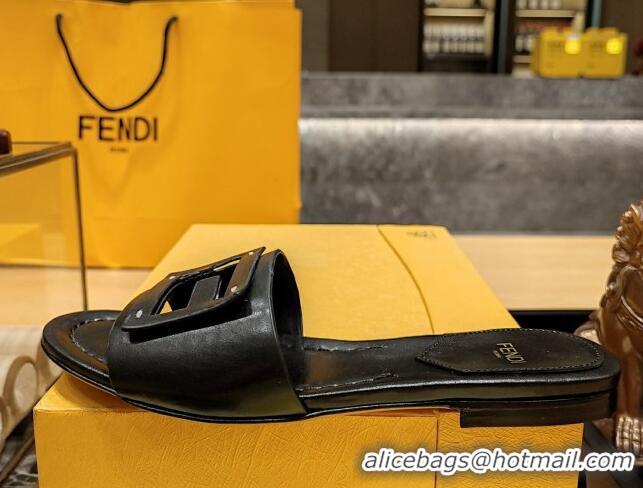 Best Product Fendi Baguette Flat Slide Sandals in Lambskin Black 326078