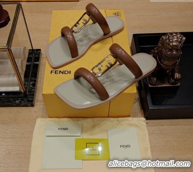 Grade Quality Fendi Baguette Flat Slide Sandals in Calfskin Leather Brown 326079