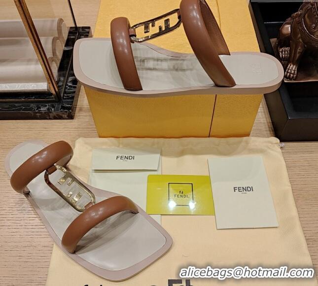 Grade Quality Fendi Baguette Flat Slide Sandals in Calfskin Leather Brown 326079