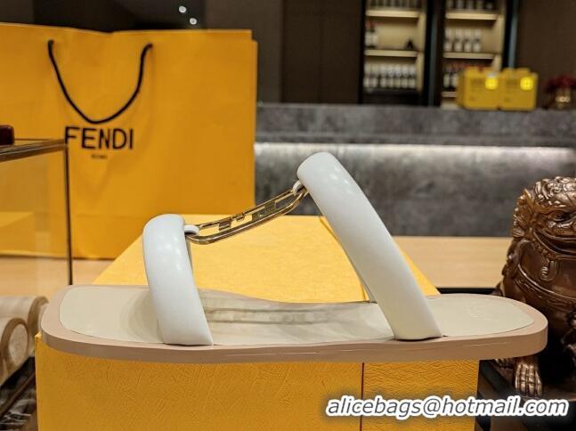 Lower Price Fendi Baguette Flat Slide Sandals in Calfskin Leather White 326080