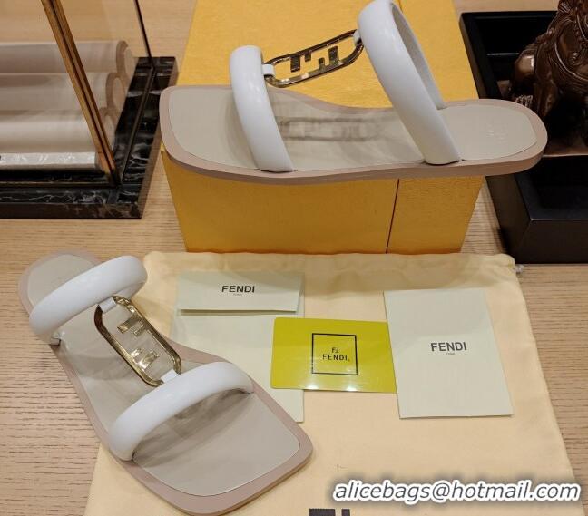 Lower Price Fendi Baguette Flat Slide Sandals in Calfskin Leather White 326080