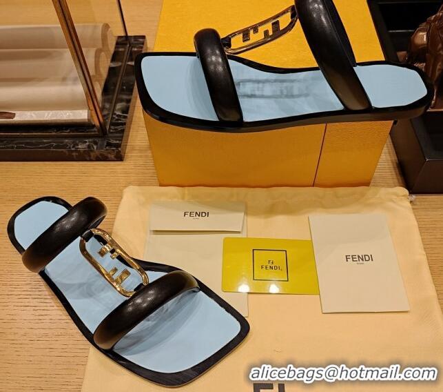 Stylish Fendi Baguette Flat Slide Sandals in Calfskin Leather Black 326081