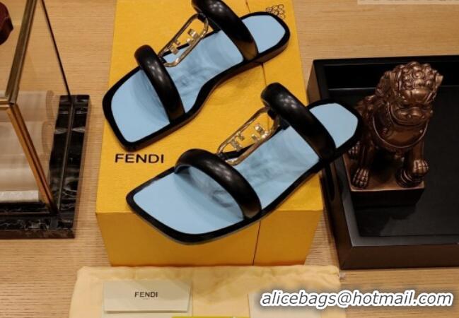 Stylish Fendi Baguette Flat Slide Sandals in Calfskin Leather Black 326081