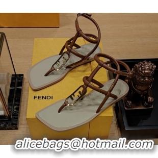 Best Price Fendi Baguette Flat Thong Sandals in Calfskin with Ankle Strap Brown 326082