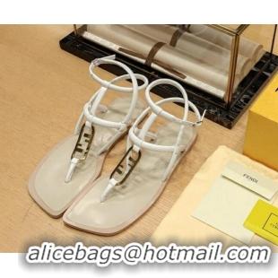 Good Quality Fendi Baguette Flat Thong Sandals in Calfskin with Ankle Strap White 326083