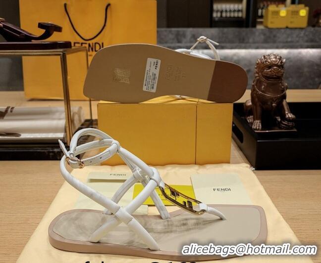 Good Quality Fendi Baguette Flat Thong Sandals in Calfskin with Ankle Strap White 326083