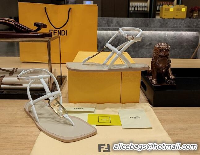 Good Quality Fendi Baguette Flat Thong Sandals in Calfskin with Ankle Strap White 326083