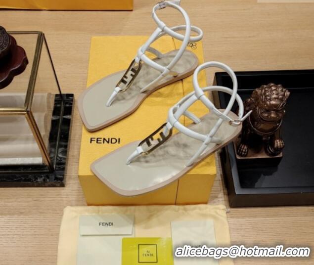 Good Quality Fendi Baguette Flat Thong Sandals in Calfskin with Ankle Strap White 326083