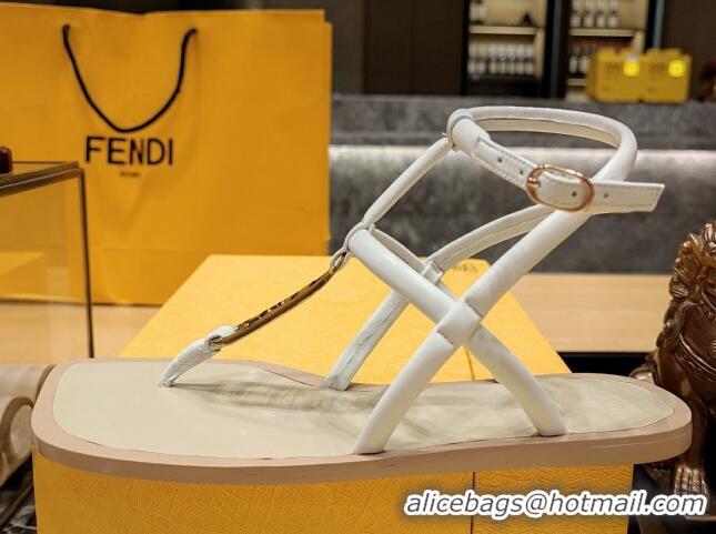 Good Quality Fendi Baguette Flat Thong Sandals in Calfskin with Ankle Strap White 326083