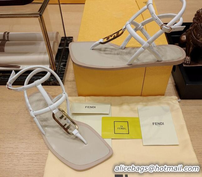 Good Quality Fendi Baguette Flat Thong Sandals in Calfskin with Ankle Strap White 326083