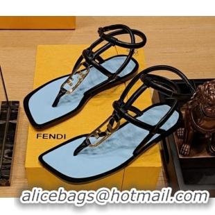 Pretty Style Fendi Baguette Flat Thong Sandals in Calfskin with Ankle Strap Black 326084