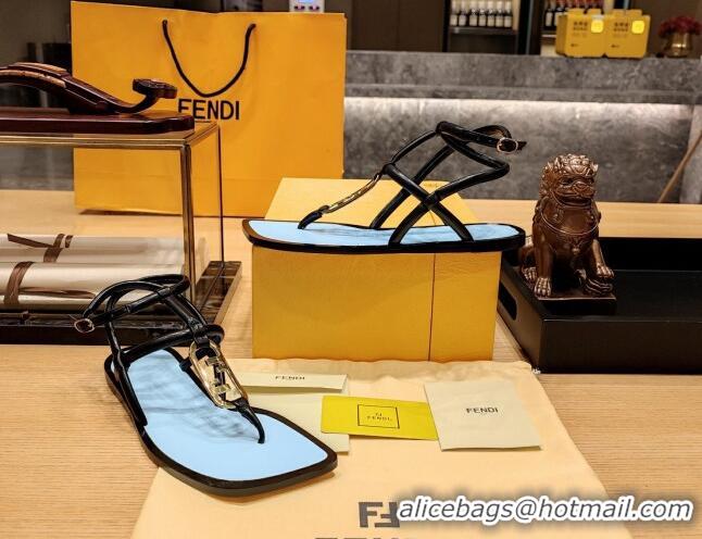 Pretty Style Fendi Baguette Flat Thong Sandals in Calfskin with Ankle Strap Black 326084