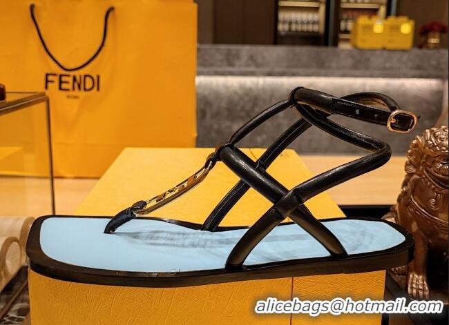 Pretty Style Fendi Baguette Flat Thong Sandals in Calfskin with Ankle Strap Black 326084