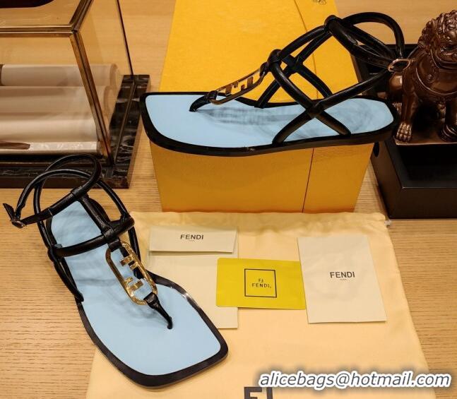 Pretty Style Fendi Baguette Flat Thong Sandals in Calfskin with Ankle Strap Black 326084