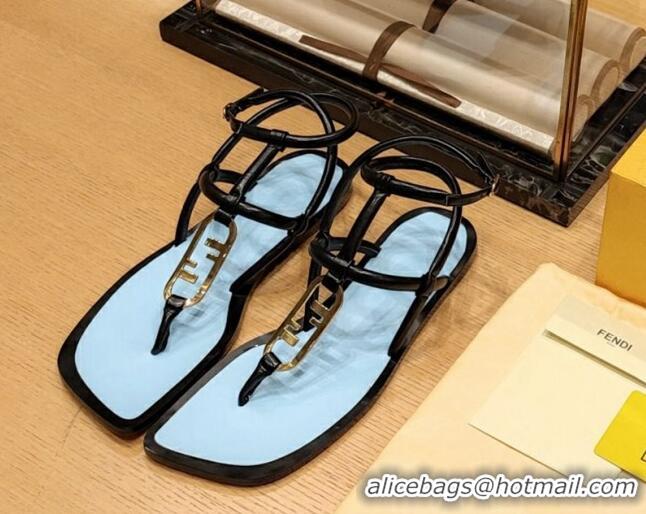 Pretty Style Fendi Baguette Flat Thong Sandals in Calfskin with Ankle Strap Black 326084