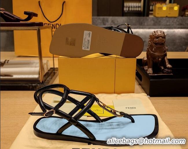 Pretty Style Fendi Baguette Flat Thong Sandals in Calfskin with Ankle Strap Black 326084