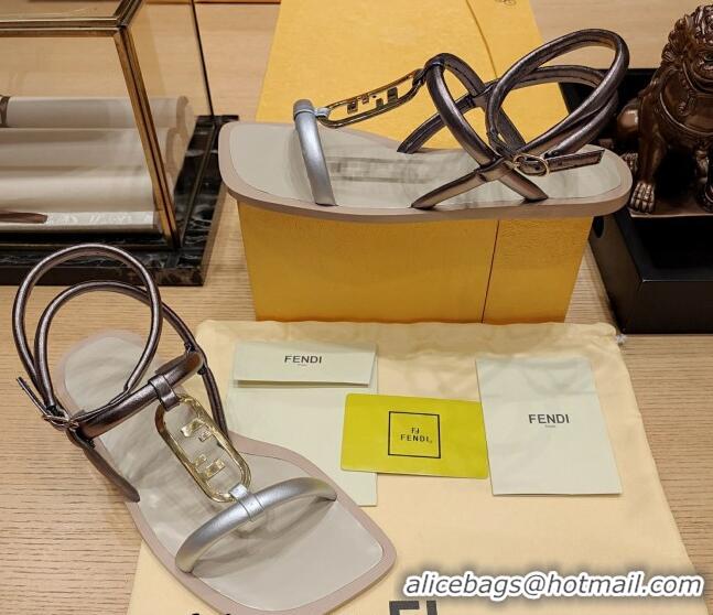 Purchase Fendi Baguette Flat Sandals in Calfskin Leather with Ankle Strap Gold/Silver 326085