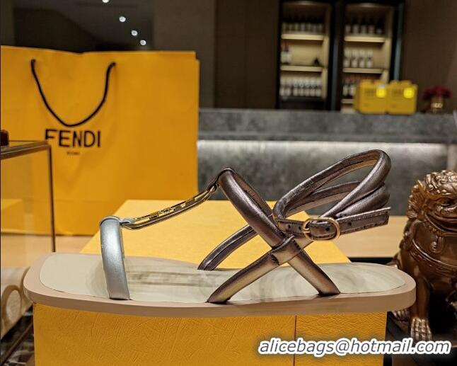 Purchase Fendi Baguette Flat Sandals in Calfskin Leather with Ankle Strap Gold/Silver 326085