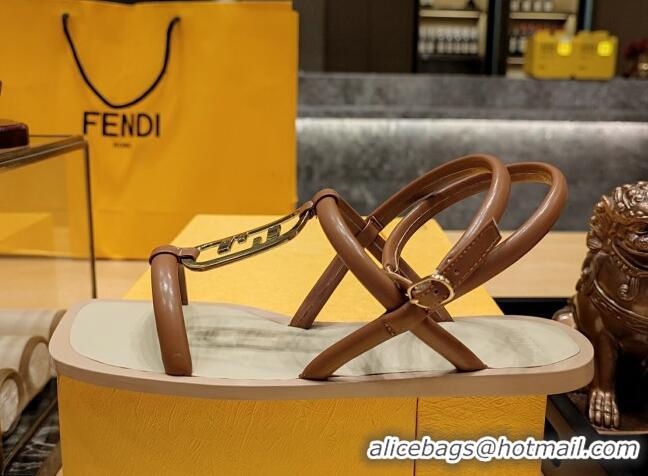 Best Grade Fendi Baguette Flat Sandals in Calfskin Leather with Ankle Strap Brown 326086