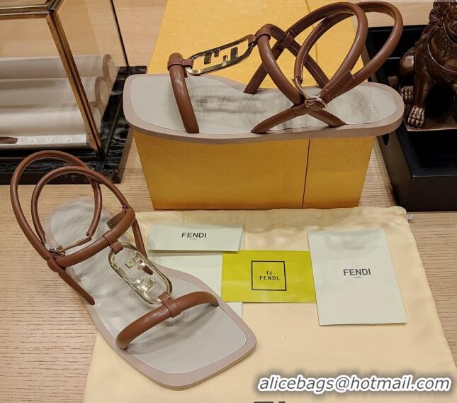 Best Grade Fendi Baguette Flat Sandals in Calfskin Leather with Ankle Strap Brown 326086