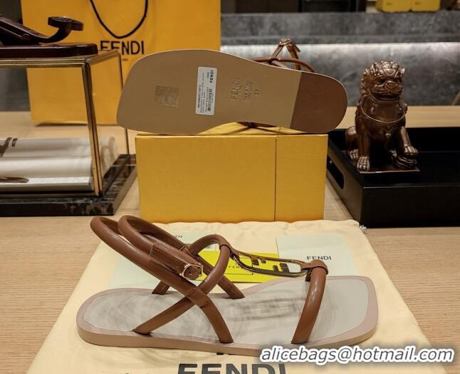 Best Grade Fendi Baguette Flat Sandals in Calfskin Leather with Ankle Strap Brown 326086