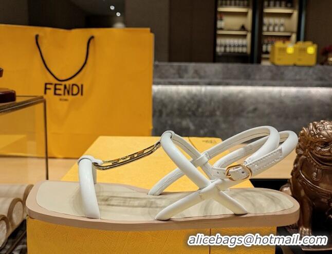 Low Price Fendi Baguette Flat Sandals in Calfskin Leather with Ankle Strap White 326087