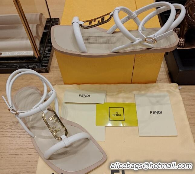 Low Price Fendi Baguette Flat Sandals in Calfskin Leather with Ankle Strap White 326087