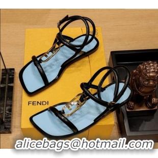 Classic Hot Fendi Baguette Flat Sandals in Calfskin Leather with Ankle Strap Black 326089