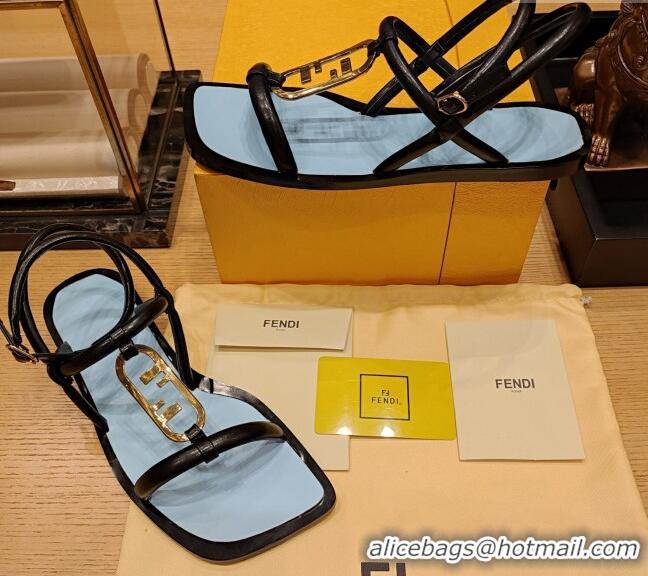 Classic Hot Fendi Baguette Flat Sandals in Calfskin Leather with Ankle Strap Black 326089