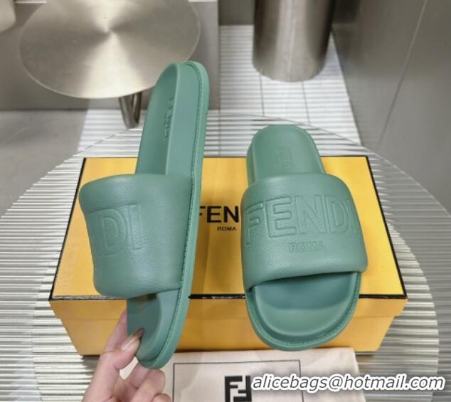 Cheap Price Fendi Roma Calfskin Flat Slide Sandals Light Green 604156