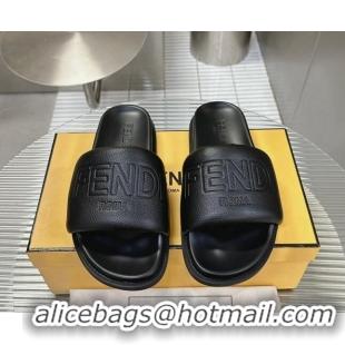 Shop Cheap Fendi Roma Calfskin Flat Slide Sandals Black 604158