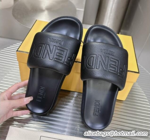 Shop Cheap Fendi Roma Calfskin Flat Slide Sandals Black 604158