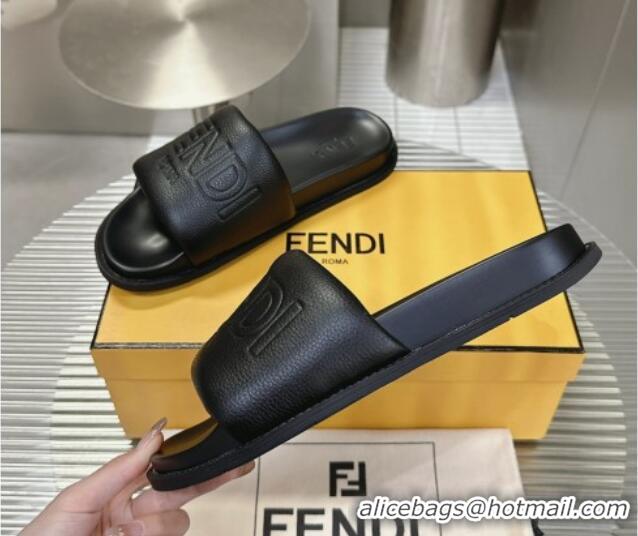 Shop Cheap Fendi Roma Calfskin Flat Slide Sandals Black 604158