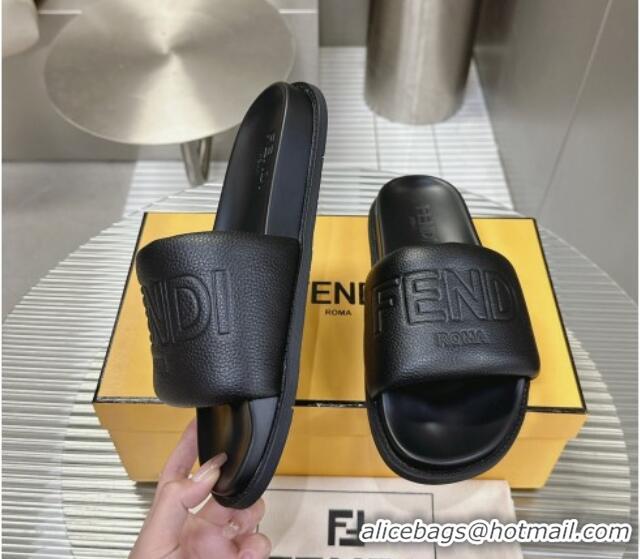 Shop Cheap Fendi Roma Calfskin Flat Slide Sandals Black 604158