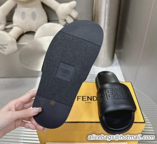 Shop Cheap Fendi Roma Calfskin Flat Slide Sandals Black 604158