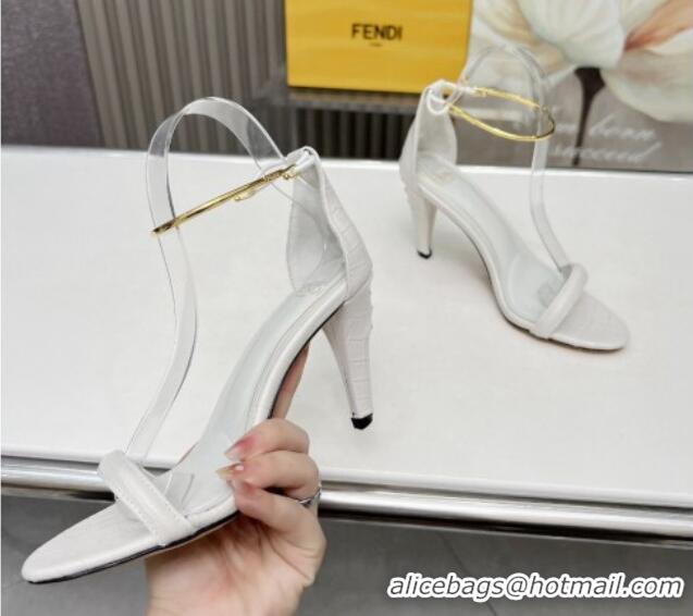 Top Grade Fendi Filo high-heeled sandals 9cm in stone-Embossed Leather with Anklet White 604159