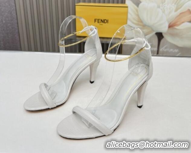 Top Grade Fendi Filo high-heeled sandals 9cm in stone-Embossed Leather with Anklet White 604159