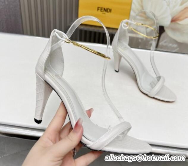 Top Grade Fendi Filo high-heeled sandals 9cm in stone-Embossed Leather with Anklet White 604159