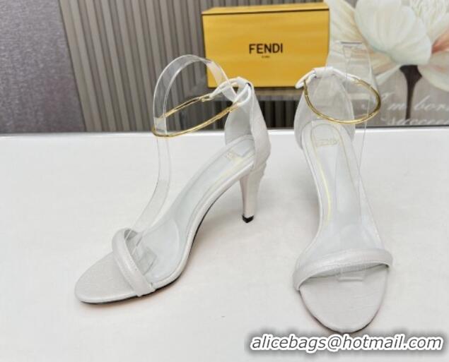 Top Grade Fendi Filo high-heeled sandals 9cm in stone-Embossed Leather with Anklet White 604159