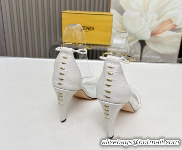 Top Grade Fendi Filo high-heeled sandals 9cm in stone-Embossed Leather with Anklet White 604159