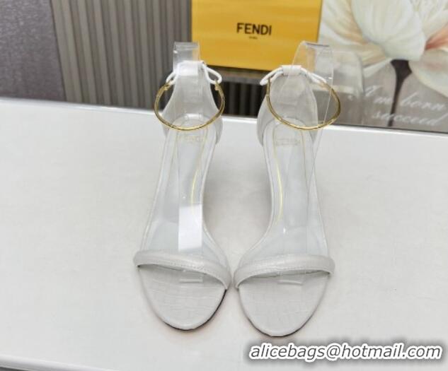 Top Grade Fendi Filo high-heeled sandals 9cm in stone-Embossed Leather with Anklet White 604159