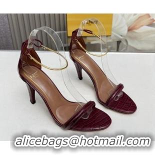 Expensive Fendi Filo high-heeled sandals 9cm in stone-Embossed Leather with Anklet Burgundy 604160