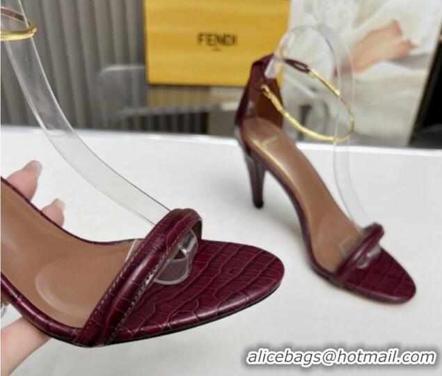 Expensive Fendi Filo high-heeled sandals 9cm in stone-Embossed Leather with Anklet Burgundy 604160