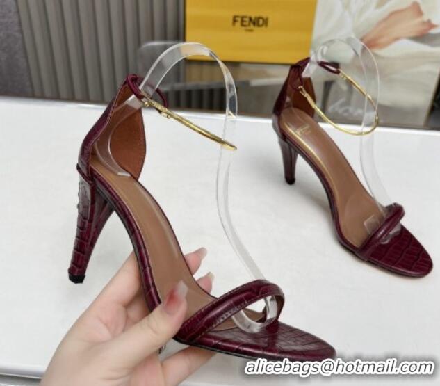 Expensive Fendi Filo high-heeled sandals 9cm in stone-Embossed Leather with Anklet Burgundy 604160