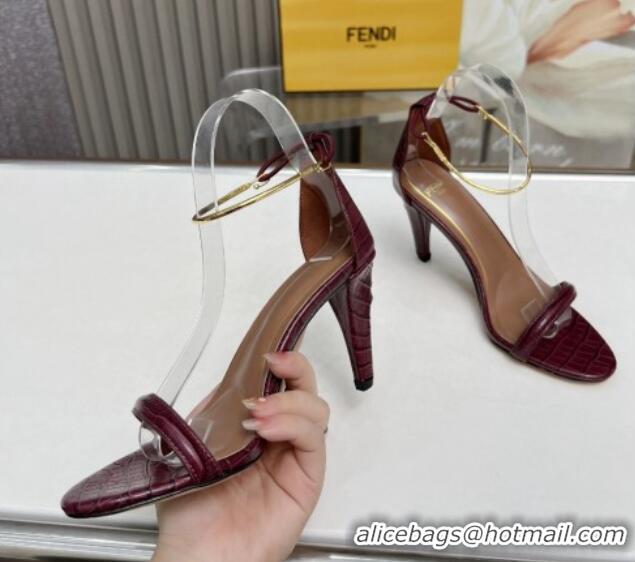 Expensive Fendi Filo high-heeled sandals 9cm in stone-Embossed Leather with Anklet Burgundy 604160