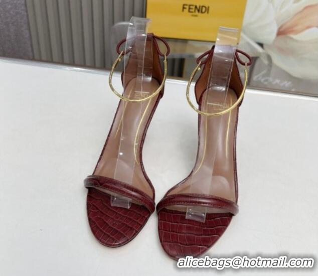 Expensive Fendi Filo high-heeled sandals 9cm in stone-Embossed Leather with Anklet Burgundy 604160