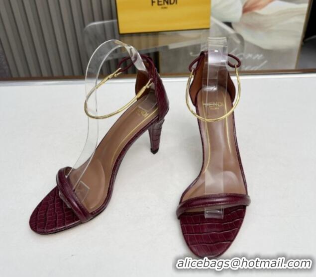 Expensive Fendi Filo high-heeled sandals 9cm in stone-Embossed Leather with Anklet Burgundy 604160