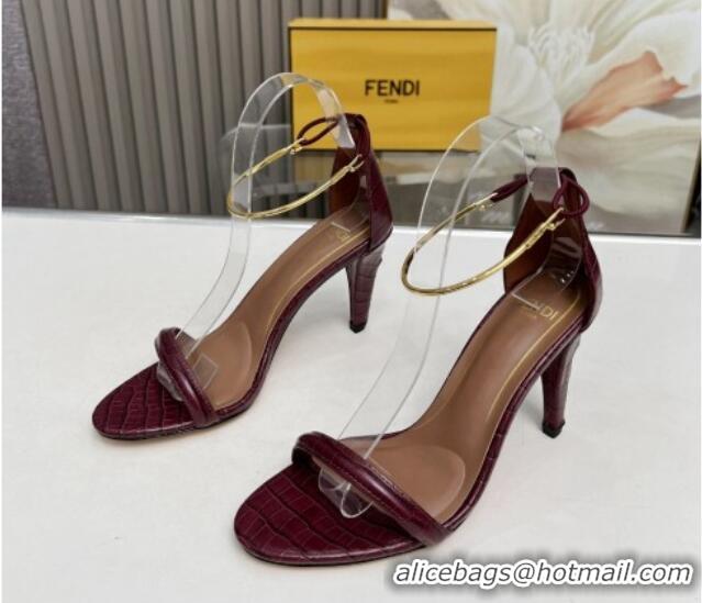 Expensive Fendi Filo high-heeled sandals 9cm in stone-Embossed Leather with Anklet Burgundy 604160